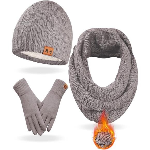 Womens Winter Warm Beanie Hat Touchscreen Gloves Scarf Set with Soft